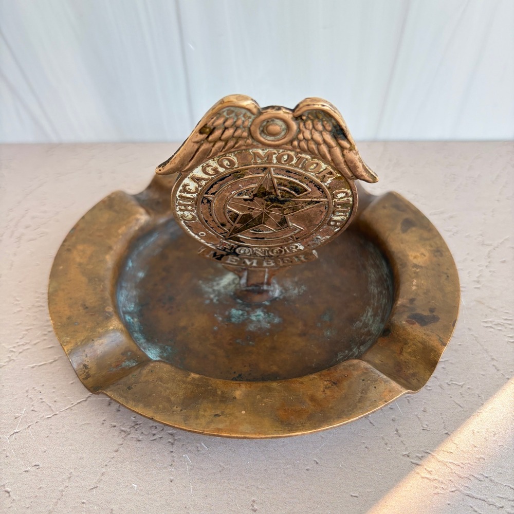 Vintage Brass Chicago Motor Club Honor Member Winged Badge Ashtray Automobilia - Picture 4 of 10